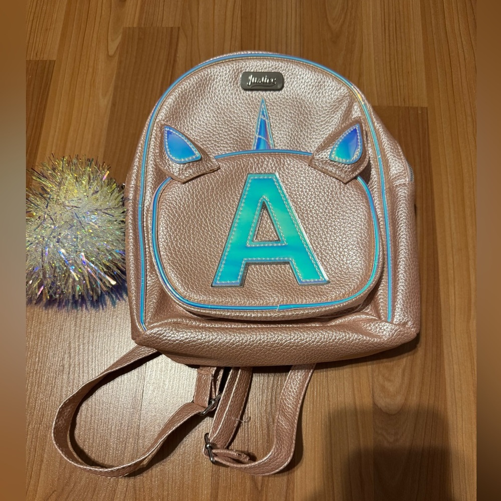 Justice Rose Gold Unicorn Backpack with Blue Initial